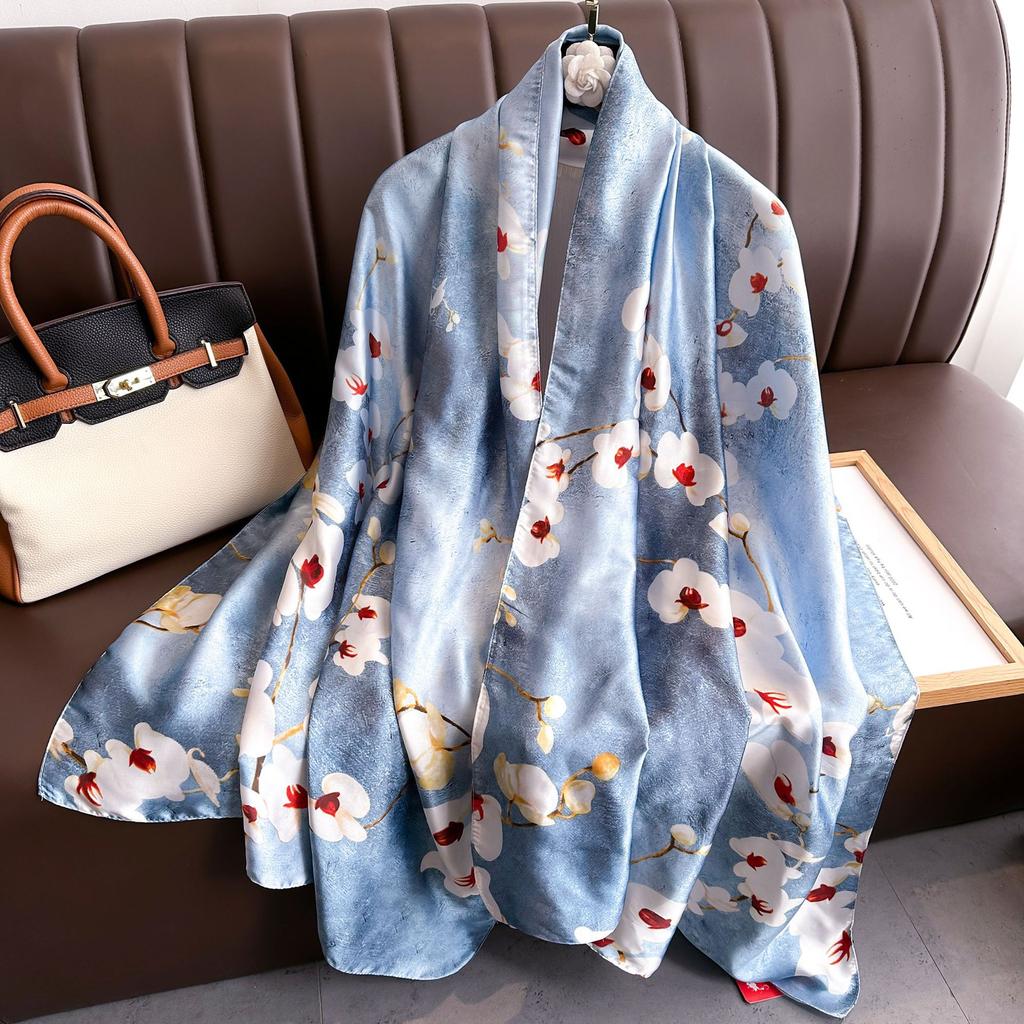 New Lijin Forging Silk Scarf Red Moonflower Printing Shawl Spring and Autumn Female Simulation Silk Scarf Versatile