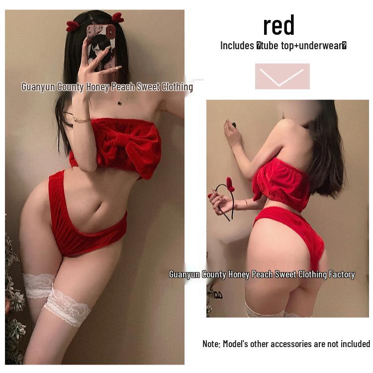 Christmas Red Lingerie Set - Sexy Bow Bandeau & Panties 