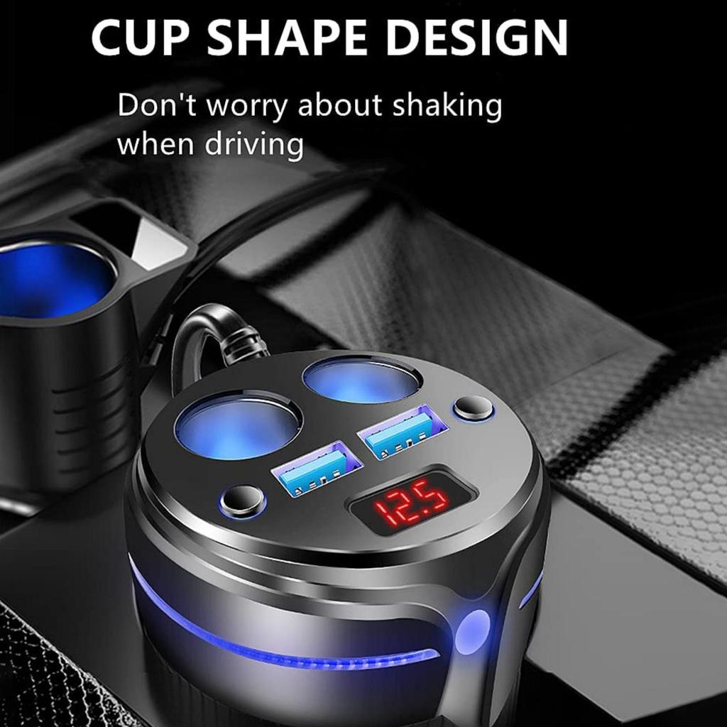Auto Socket Lighter Adapter,Car Charger 2 USB QC and 2 Socket Cup Shape Auto Socket Lighter Splitter with LED Voltage Display Atmosphere Dual On/Off
