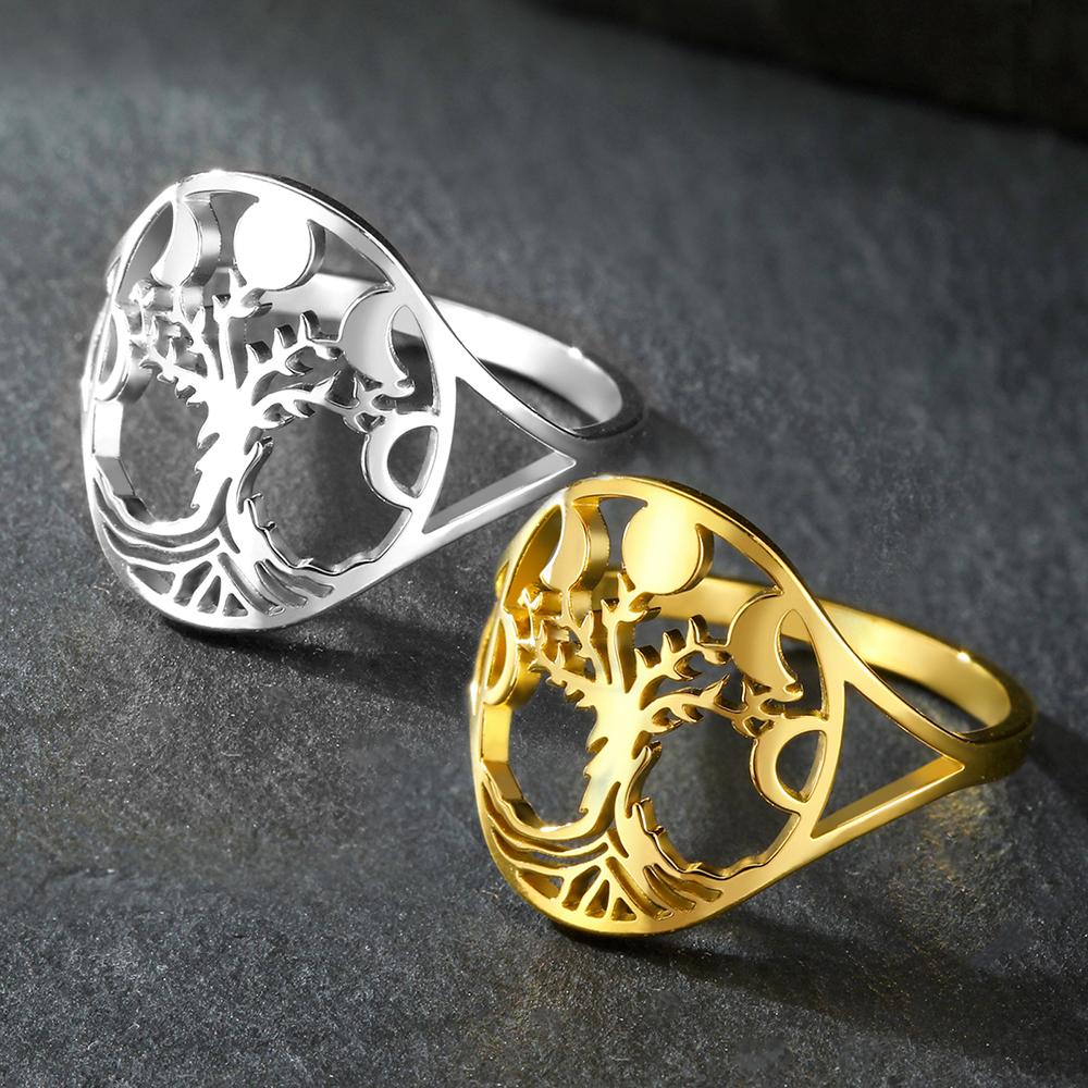 Dawapara Moon Phase and Tree of Life Women Ring Lunar Goddess Symbol Wiccan Lucky Amulet Stainless Steel Pagan Jewelry