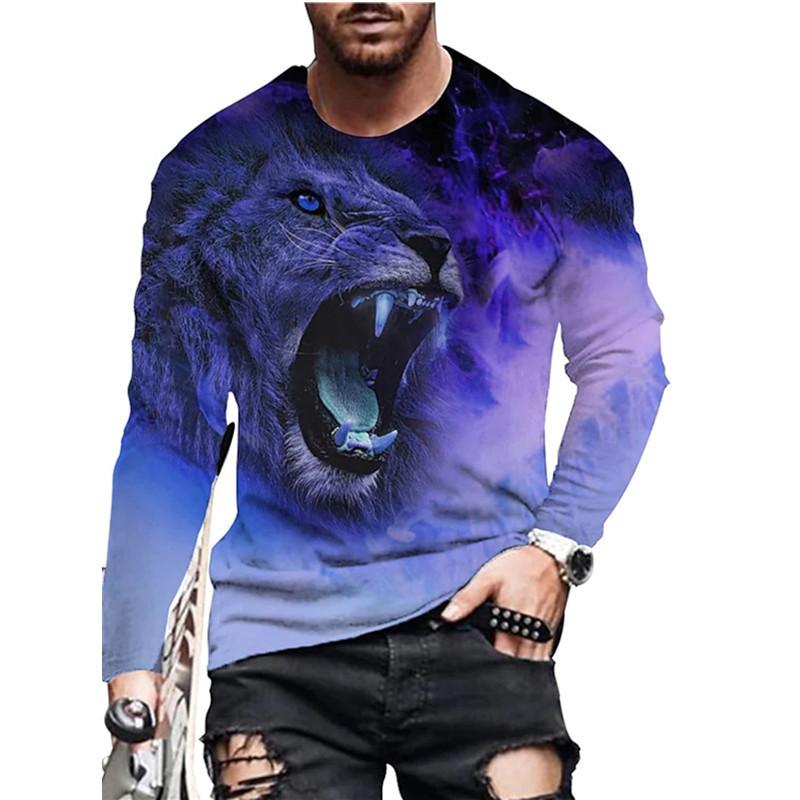 Футболки мужские с круглым вырезом и 3D-принтом животных - Мягкая полиэстеровая ткань средней эластичности, одежда для весны и осени, свободного кроя