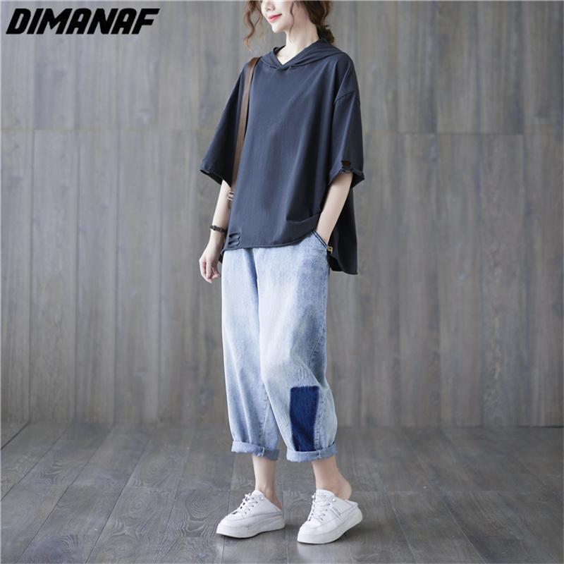 DIMANAF 2023 летние женские футболки больших размеров, однотонные топы с принтом, футболки-туники, свободная хлопковая рубашка оверсайз, повседневная фиолетовая одежда