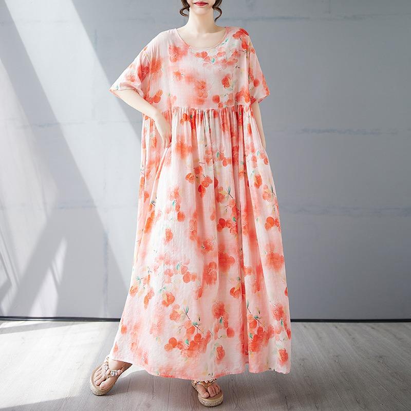 Summer new simple bohemian long dress fattened and enlarged short-sleeved crew neck printed dress women's clothing