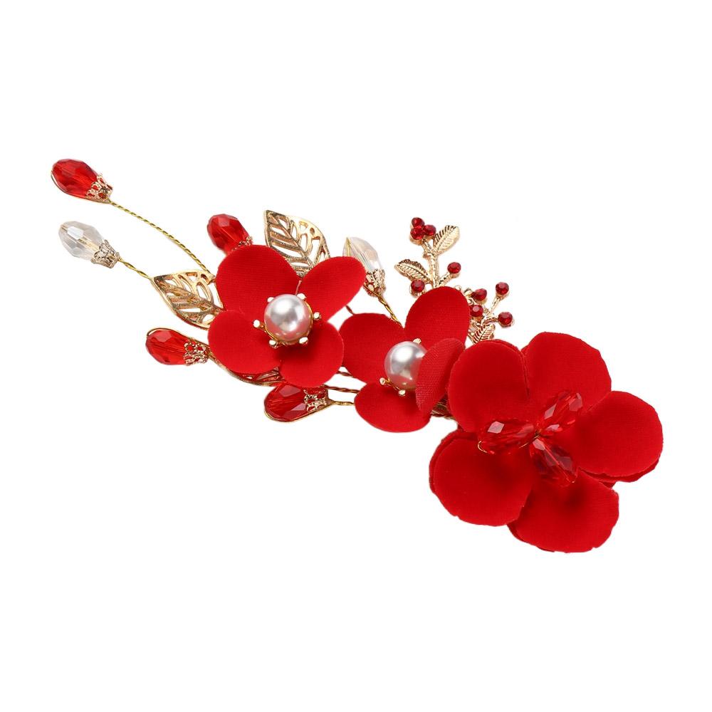 Sweet Crystal Leaf Hair Ornaments Pearl Red Flower Women Barrettes Festival Hairpins Chinese Hanfu Hair Clips Duckbill Clips