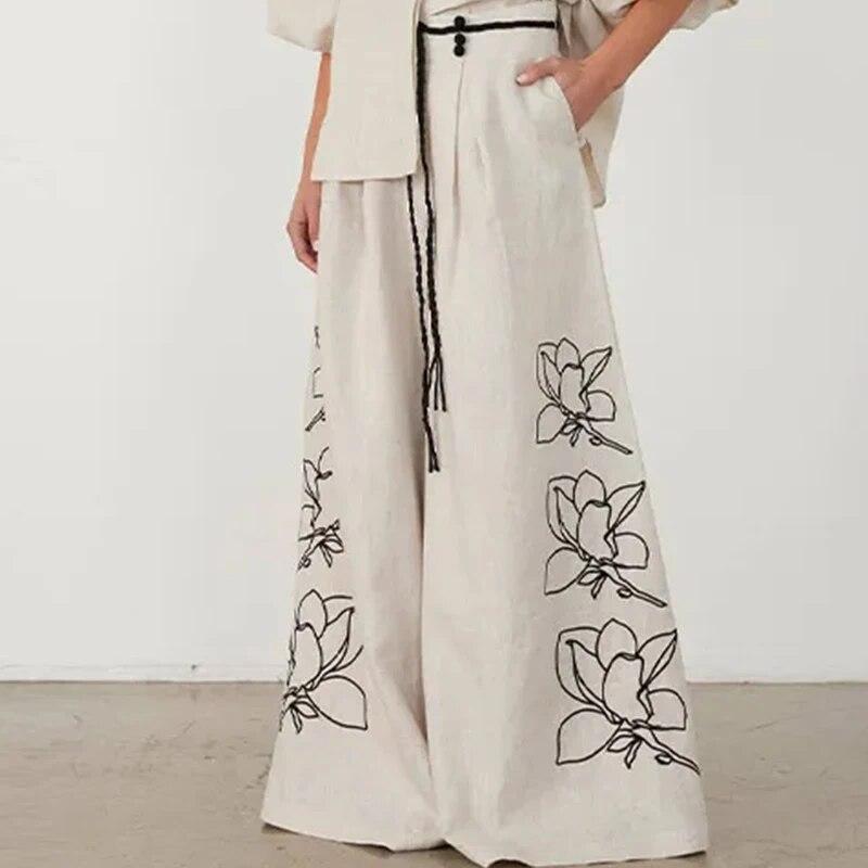 Женский весенне-летний модный комплект из хлопковых и конопляных брюк с принтом, винтажная рубашка с откидными рукавами и откидным воротником, плиссированные широкие брюки, комплект