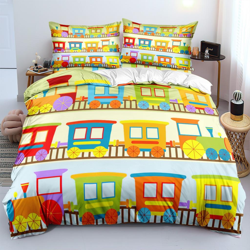 Home Bedroom Cartoon Train Duvet Cover Pillow Cover for Kids Bedding Set King Size Luxury Duvet Cover Set Christmas Decorations