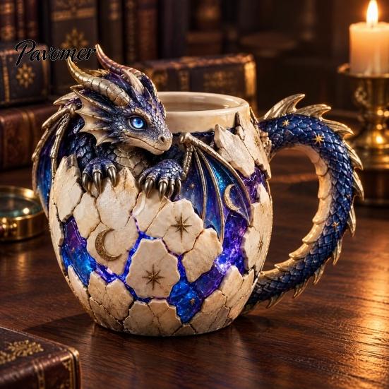 Detailed Baby Dragon Sculpture Fantasy Egg Mug, Stainless Steel Liner 3D Relief Handcrafted Magical Tea Mug Coffee Cup, Realistic Resin Desktop