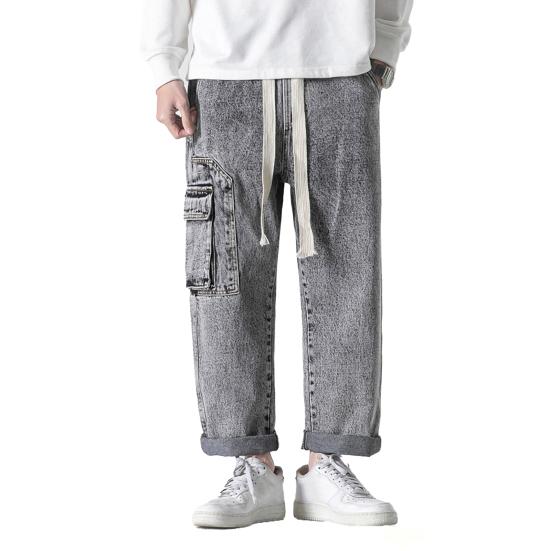 Мужские летние повседневные джинсы с эластичной резинкой на талии, прямые широкие джинсовые брюки с несколькими карманами, дизайнерские длинные брюки, уличная одежда