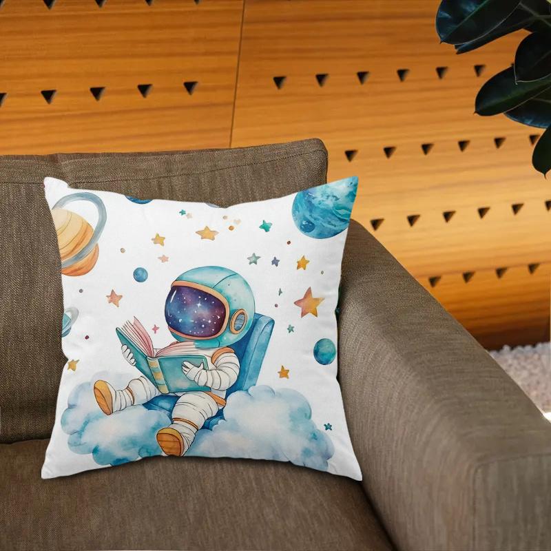 Double Sided Watercolor Astronaut Reading Book Throw Pillow Cover Kids Space Planet Print Cushion Cover For Home Decor