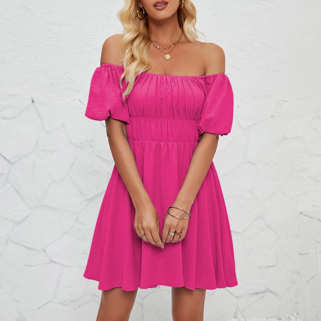 Женское модное однотонное платье с одной линией выреза и короткими рукавами, темпераментное плиссированное платье с высокой талией