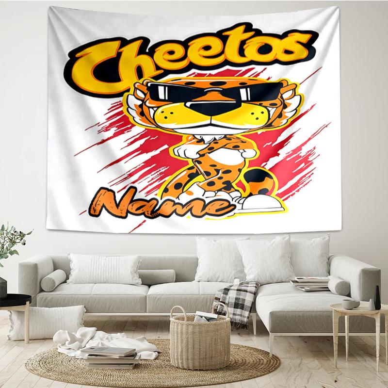 Custom Name Cheetos Print Tapestry, Backdrop, Easy Setup, Ideal for Bedroom, Office & Living Room, with Aesthetic Wall Hanging Decor.