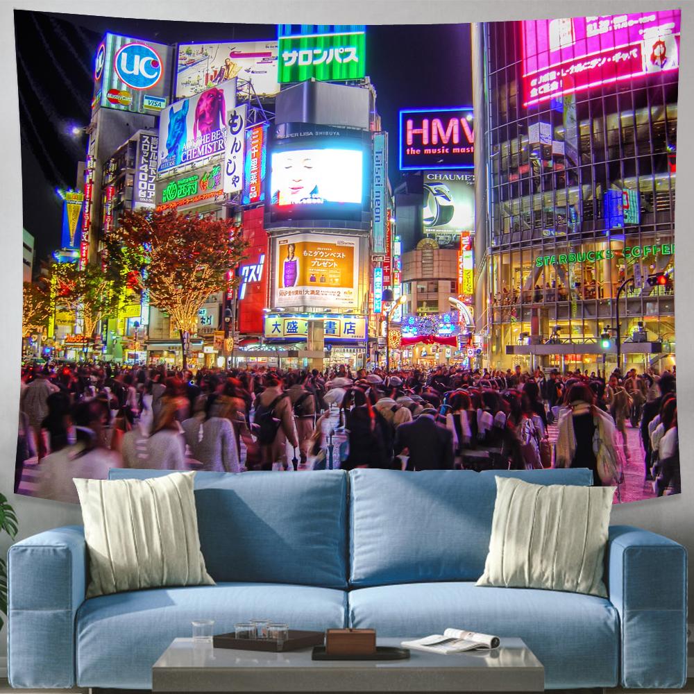 Япония Токио город ночной вид гобелен общежитие покрывало матрас колдовство настенный богемный фон в стиле хиппи Настенный декор