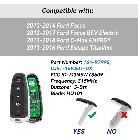 Replacement Key Fob Fits For 2012-2017 Ford Focus BEV Electric 2018 C-Max Energy Escape Titanium Ford Focus 2013 2014 Smart Keyless Entry Remote