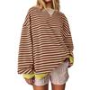 Women's Oversized Striped Color Blocking Long Sleeved Round Neck Sports Shirt Casual Loose Fitting Pullover Shirt Top