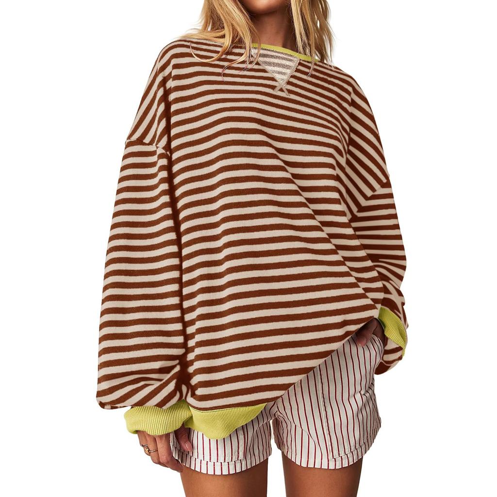 Women's Oversized Striped Color Blocking Long Sleeved Round Neck Sports Shirt Casual Loose Fitting Pullover Shirt Top