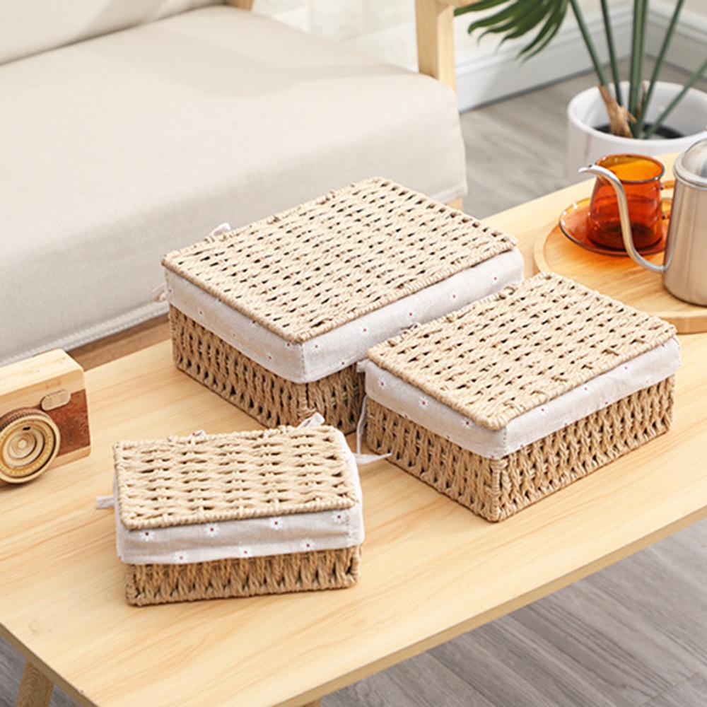 3PCS Rattan Woven Laundry Basket Cosmetic Jewelry Storage Basket Fabric Artly Handcrafted Three-Piece Set for Items