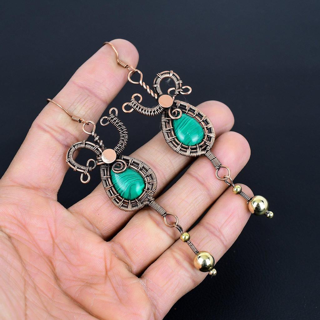 Серьги из малахита, украшения из меди 999 пробы с проволочной оплеткой, подарок для женщин, серьги ручной работы, украшения с драгоценными камнями