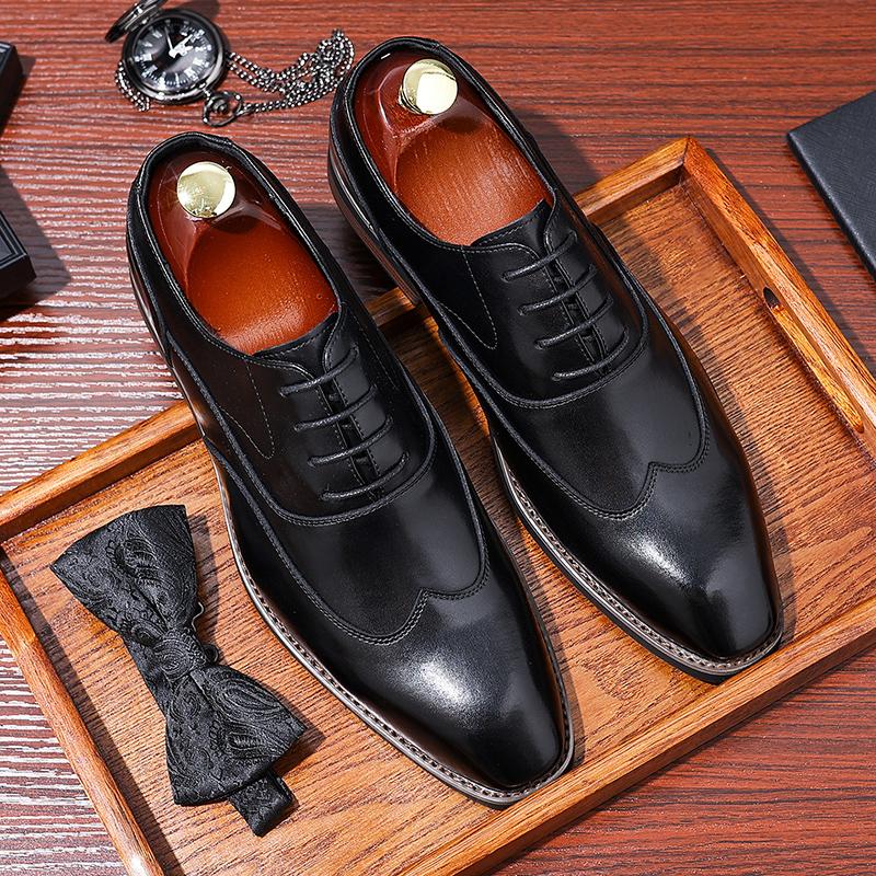 Men's Business Formal Pointed Toe Leather Shoes Comfortable Lace Up Polished Dress Shoes For Banquet And Wedding