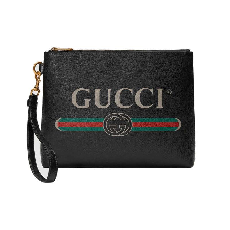 Gucci Print Retro Logo Print Wristband Leather Clutch Unisex Black