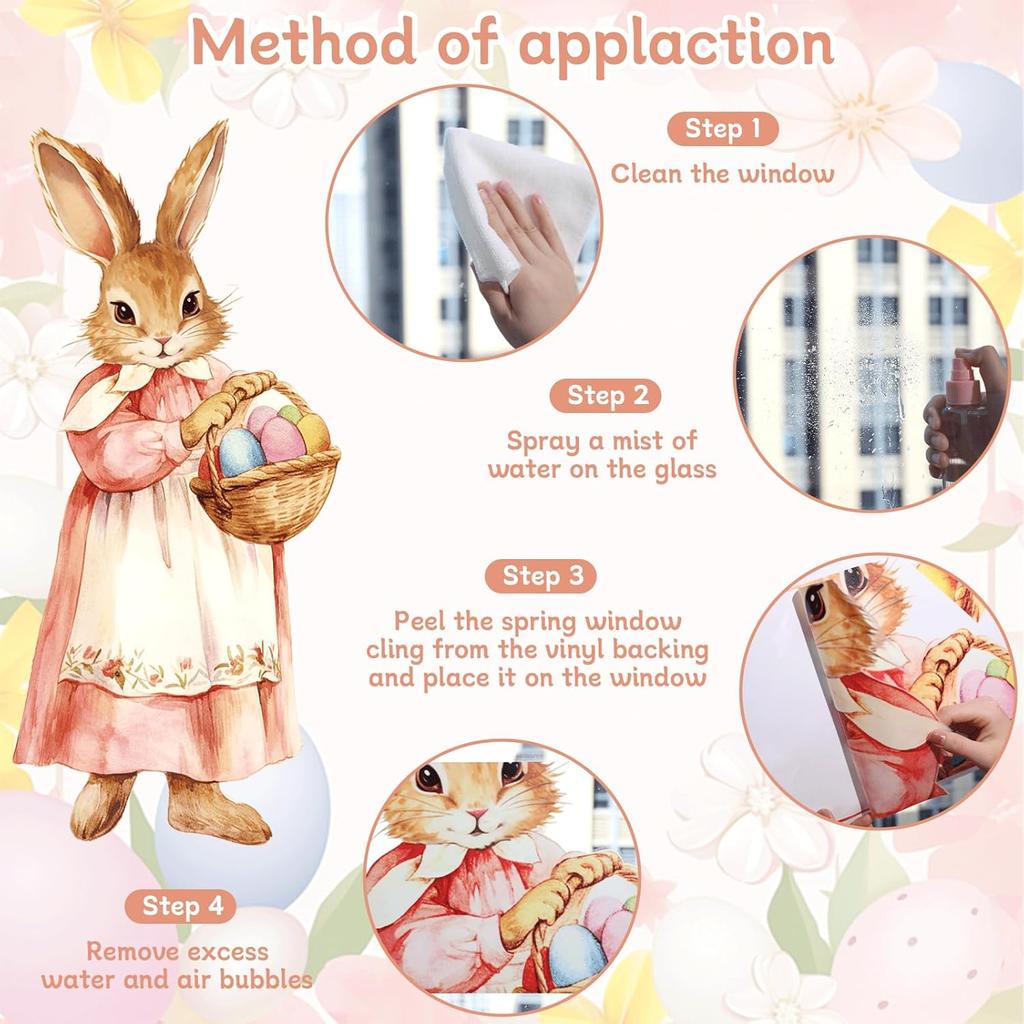 CHUNNIN 2Pcs Extra Large Easter Bunny Window Clings Spring Easter Window Decorations Vintage Easter Window Stickers Farmhouse Rustic Rabbit Carrots