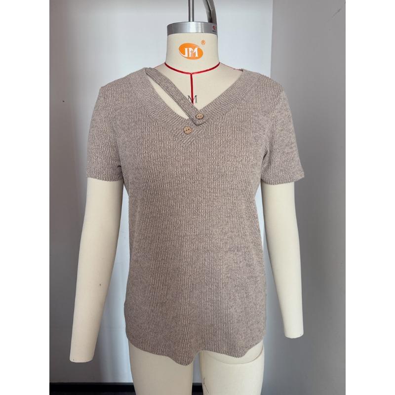 Knitted Pit Stripe V-neck Button Top Short Sleeved Women's T-shirts