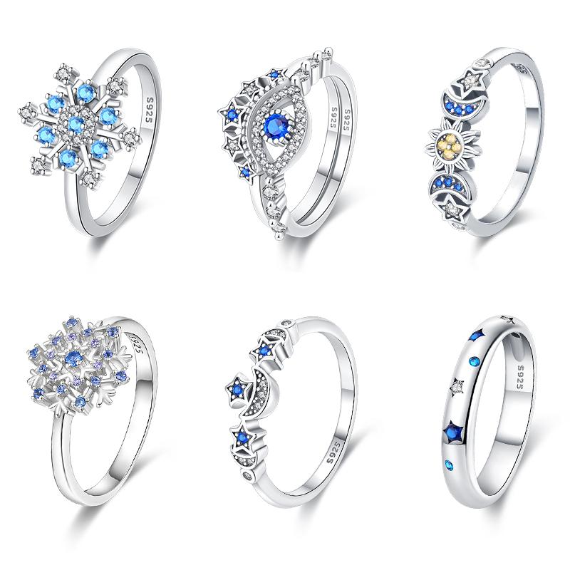 Rings for Women 925 Silver Color Popular Blue Zircon Blossom Flower Snowflake Stars Moon Rings Wedding Party Romantic Jewelry