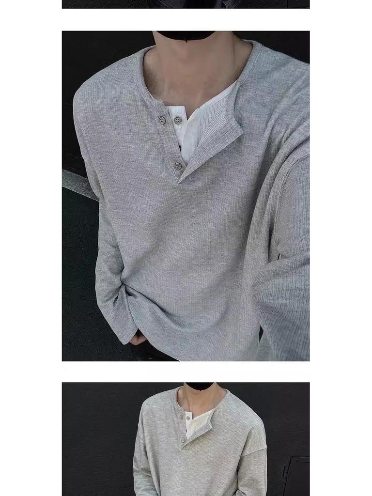 Мужская осенняя футболка в корейском стиле облегающего кроя с длинным рукавом и застежкой хенли