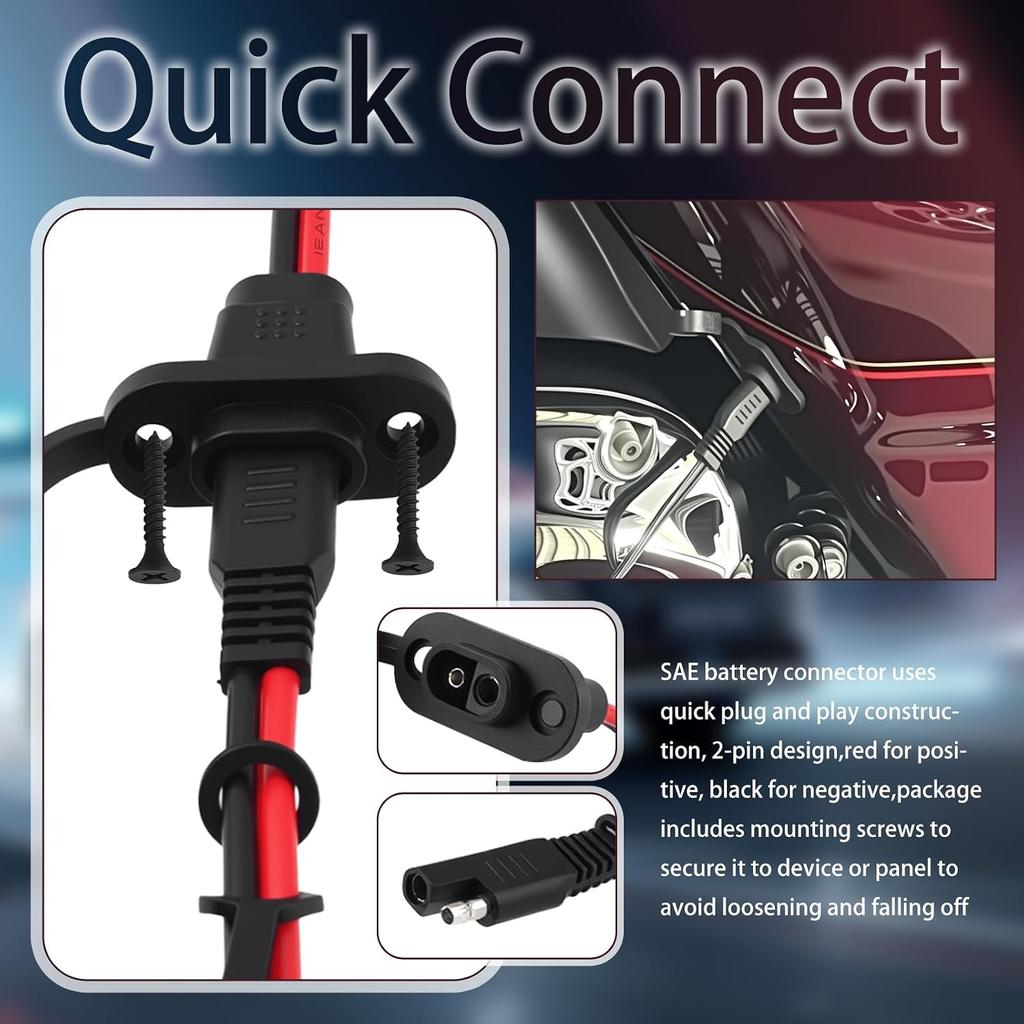 2PCS 1Ft 12AWG SAE Connector Harness with Dust Cap | Waterproof 12V Quick Connect Plug,Male to Female Socket,for Battery Charger/Solar Panel,Easy