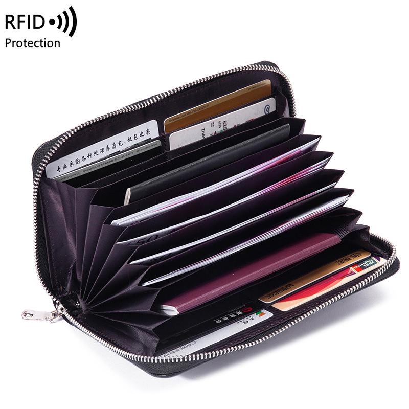 RFID Long Wallet: Top Grain Cowhide Passport & Document Holder with Zipper Phone Pouch for Men & Women