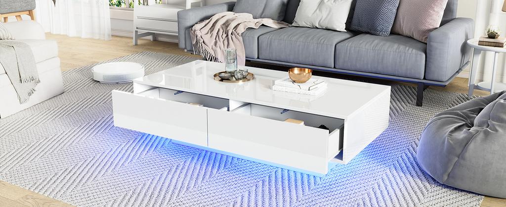 Modern High-Gloss Coffee Table in White, 115 x 55 x 34 cm, with 2 Drawers, LED Lighting and 30 kg Load Capacity – Elegant Living Room Table