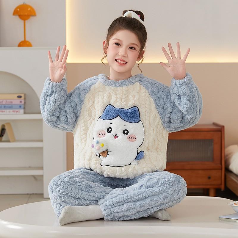 Girls Winter Coral Fleece Pajama Set Long Sleeve Hooded Sleepwear Kids 8 Years Soft Warm Home Outfit