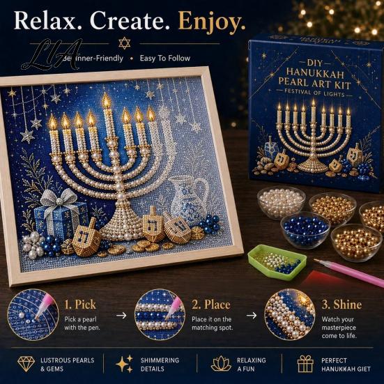 Traditional Ritual Art DIY Hanukkah Pearl Kit, 3D Mosaic Bead Craft Set, Creative Mindful Activity Making Kit for Holiday Home Decor Indoor Garden