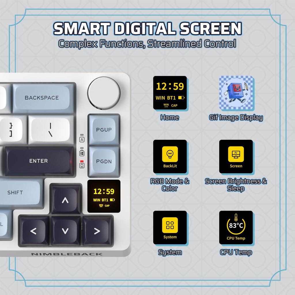 LTC Nimbleback NB682 PRO 65% 60% Wireless Mechanical Keyboard (with Display Screen and Knob), 2.4GBTUSB-C Wired RGB 68-Key Gaming Keyboard, 3-Layer