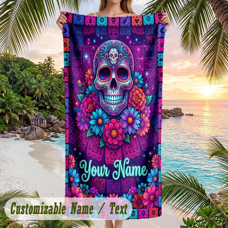 Colorful Sugar Skull Art Theme Quick Dry Beach Towel Custom Name Text Print Large Sand Resistant Towel Beach Vacation