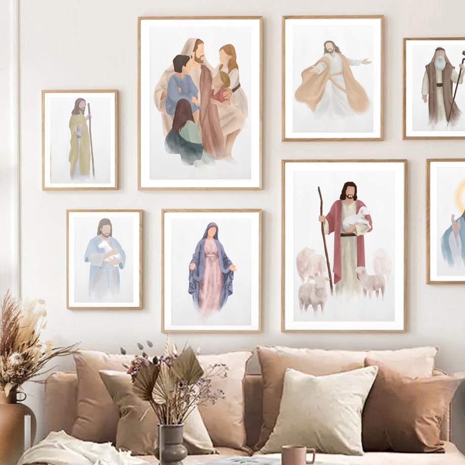 Настенные художественные принты, картина на холсте, портрет Иисуса Христа, Дева Мария, акварель, плакат на скандинавскую тему, настенные панно для декора гостиной