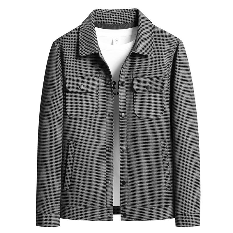 Men's Lapel Fashion Casual Plaid Leather Jacket Simple All-in-one Coat Men Thousand Bird Check Trend Cargo Jacket