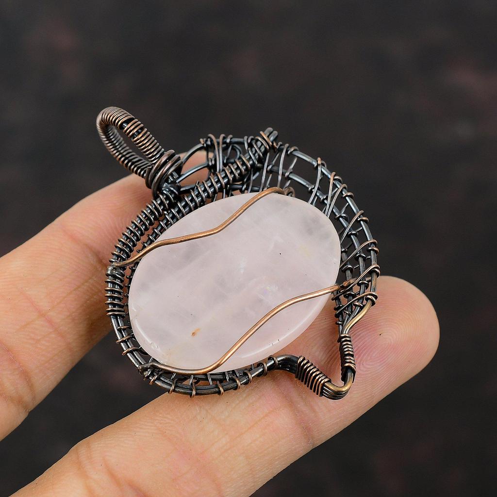 Кулон из розового кварца, обернутый медной проволокой, ручной работы, дизайнерский кулон, уникальное украшение из розового кварца, подарок для мамы