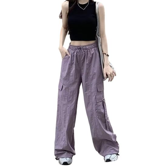 Брюки эластичные, с высокой талией, с регулируемым шнурком, длинные брюки, однотонные, широкие, с несколькими карманами