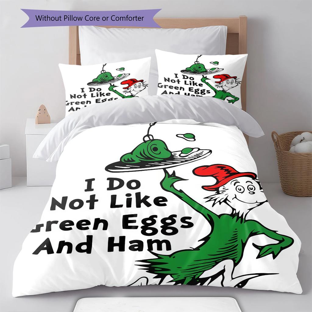 Green Eggs and Ham Pattern Bedding,Quilt Set Quilt Cover Pillowcase Home Birthday Gift (1 * duvet cover + 2 * pillowcase, without core)