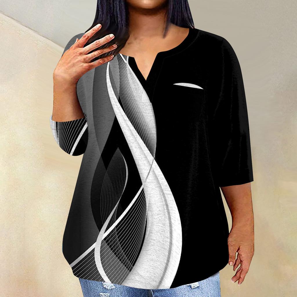 Женский модный повседневный пуловер с рукавами три четверти и V-образным вырезом с принтом, топ с рукавами 4/3