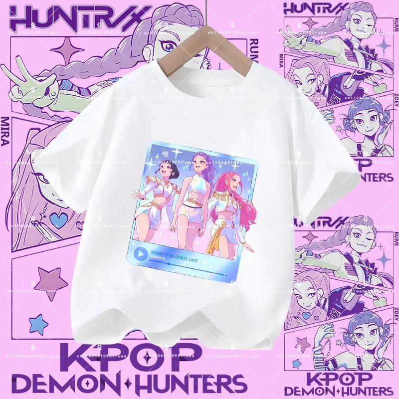 2026 New Kpop Demon Hunters Children's Polyester T-shirt - Girls' Casual Top with Cartoon Print - Summer Short-Sleeved Sports Shirt