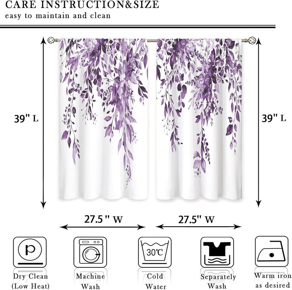 Eucalyptus Botanical Leaves Purple Floral Kitchen Window Curtains Over Sink Farmhouse Flower Leaf Small Window Treatment Cafe Sh