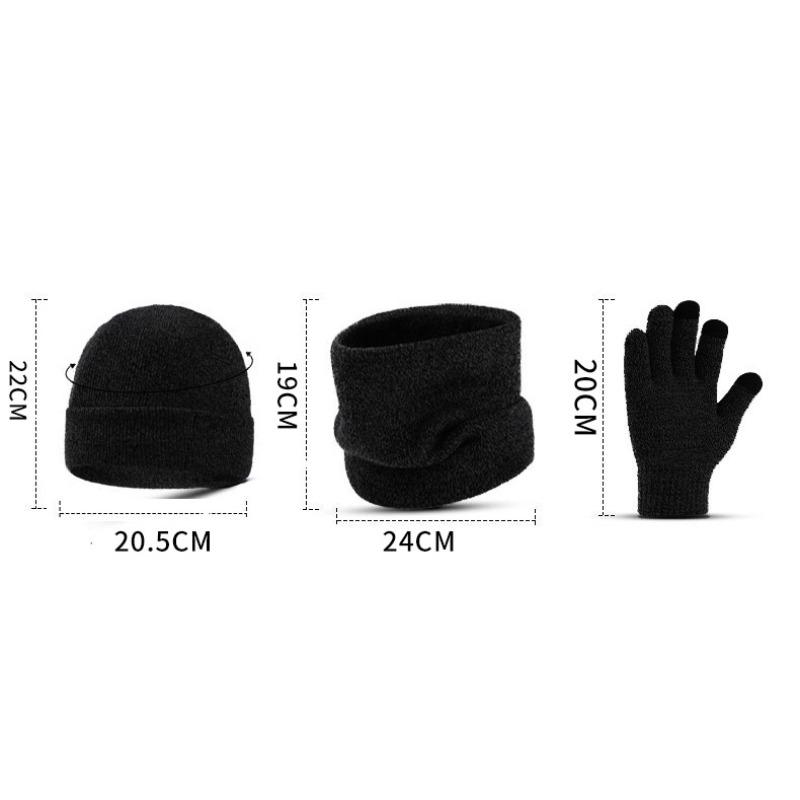 Winter Hat, Scarf, Gloves, Three Piece Set for Men and Women, Knitted Hat with Velvet, Black Woolen Hat, Scarf