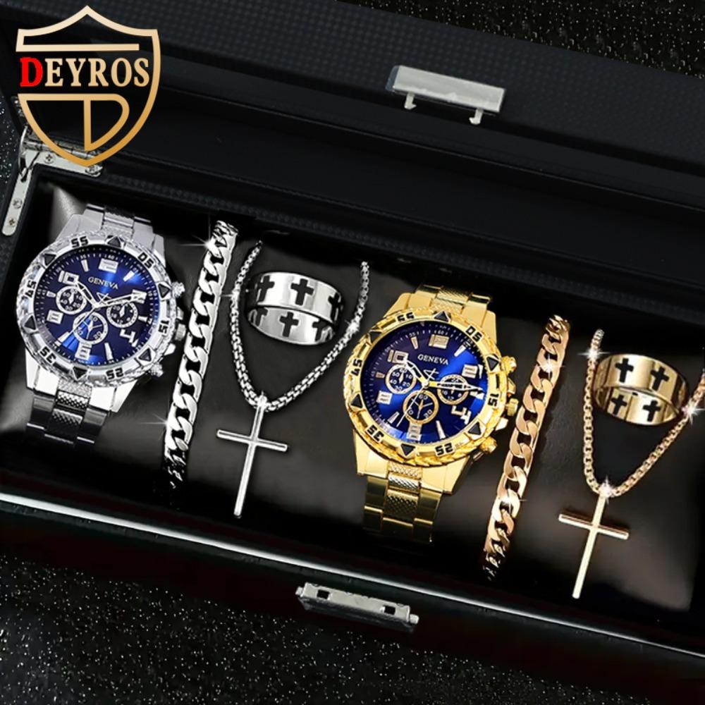 8pcs/set Men'sWatch Set with Blue Round Dial,Bracelet,Necklace,Ring-Fashionable Zinc Alloy Jewelry Set,Ideal Choice for Gifts.