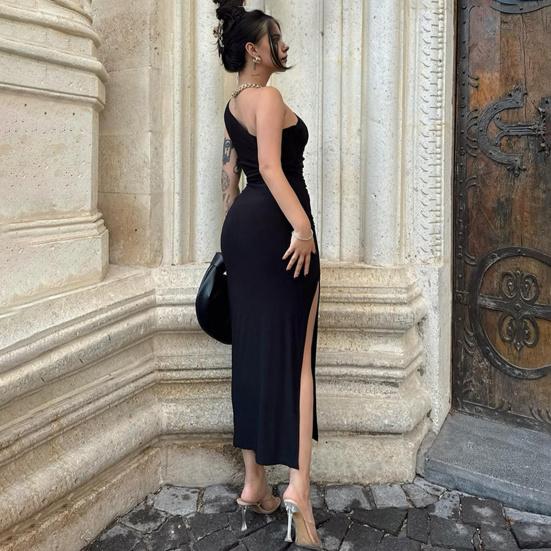 Вечернее женское платье на одно плечо, без рукавов, с наклонным вырезом, плиссированное облегающее платье-футляр, однотонное, эластичное, с разрезом подол, Клубное вечернее платье макси