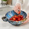 Decorative Fruit Display Dish Ceramic Berry Bowl, Self Rinsing with Drainage Hole Washing Kitchen Sink Vegetable Rinser Glazed Bowl for Countertop