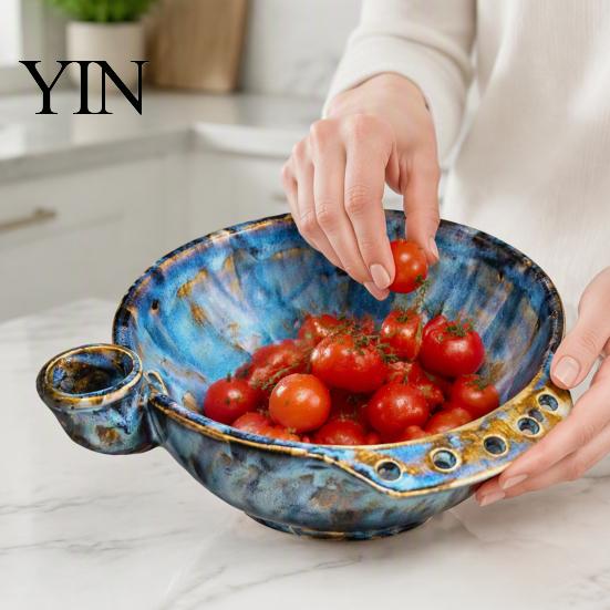 Decorative Fruit Display Dish Ceramic Berry Bowl, Self Rinsing with Drainage Hole Washing Kitchen Sink Vegetable Rinser Glazed Bowl for Countertop