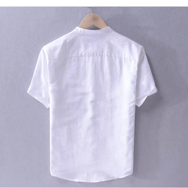 Базовая летняя рубашка для мужчин с воротником-стойкой, однотонная рубашка из хлопка и льна с коротким рукавом, размер 4XL, повседневные топы, пляжные дышащие мужские рубашки