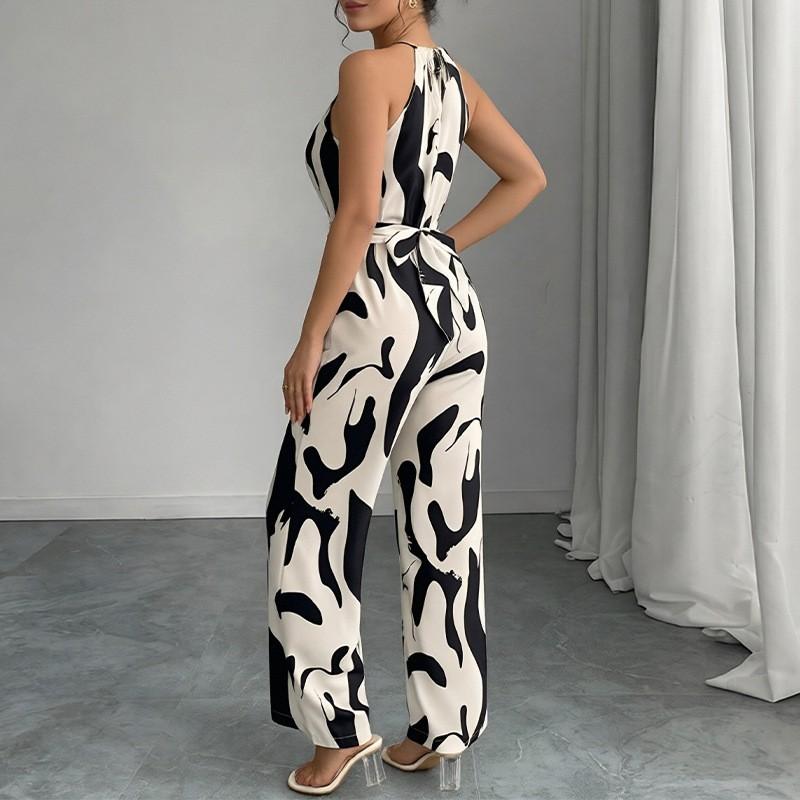 2026 Womens Elegant Sleeveless Printed Jumpsuit High-Waisted Wide-Leg Casual Office Wear