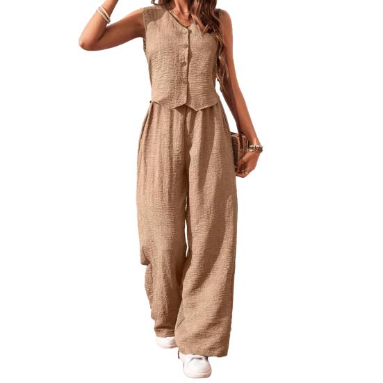 Женский летний комплект из двух частей: безрукавка с V-образным вырезом, жилет на пуговицах, высокая талия, широкие брюки, повседневный офисный женский костюм